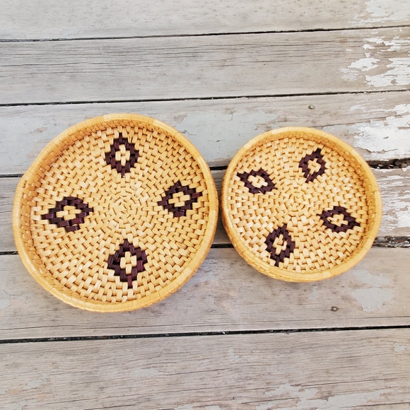 2 Nesting Wicker Baskets Lid Floral Vintage Rattan Boho Raffia Straw Cottagecore - Picture 8 of 9